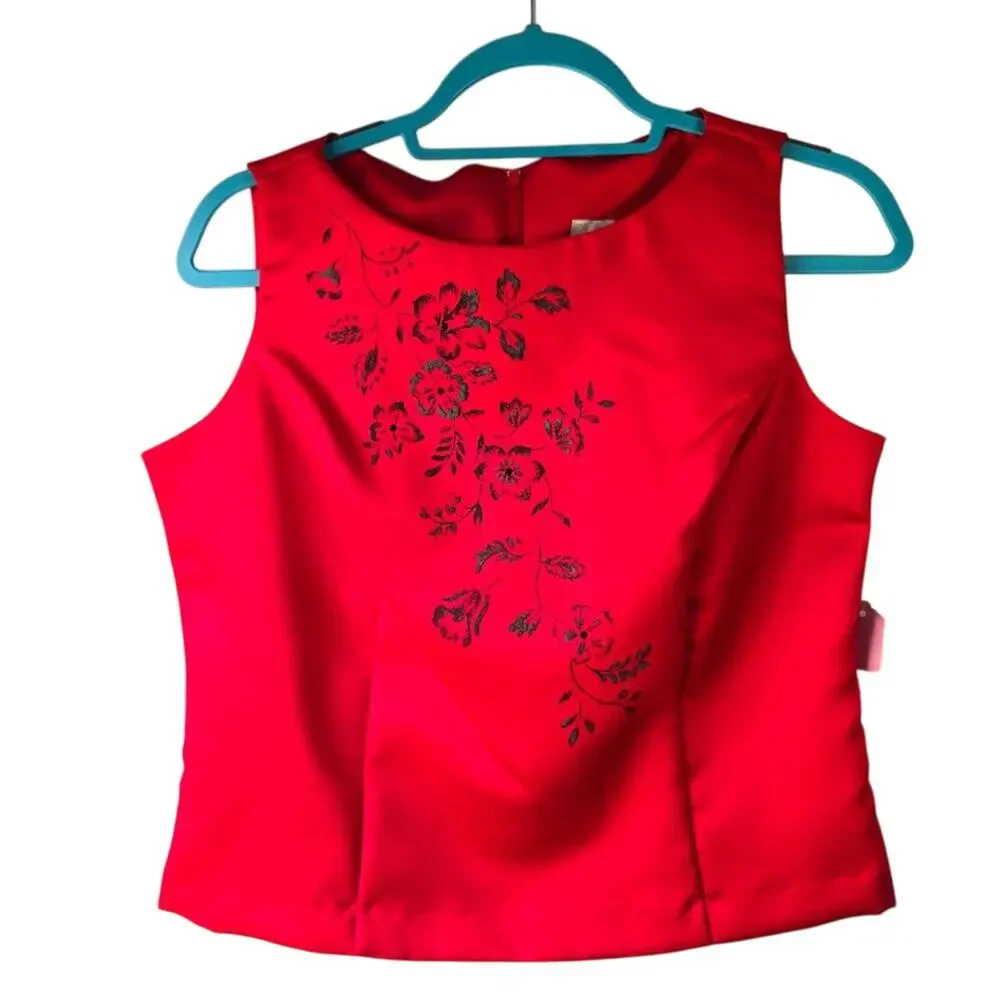 Vintage Oriental 2 pc Black Pant Set with Sleeveless Red Printed Top - Size 8